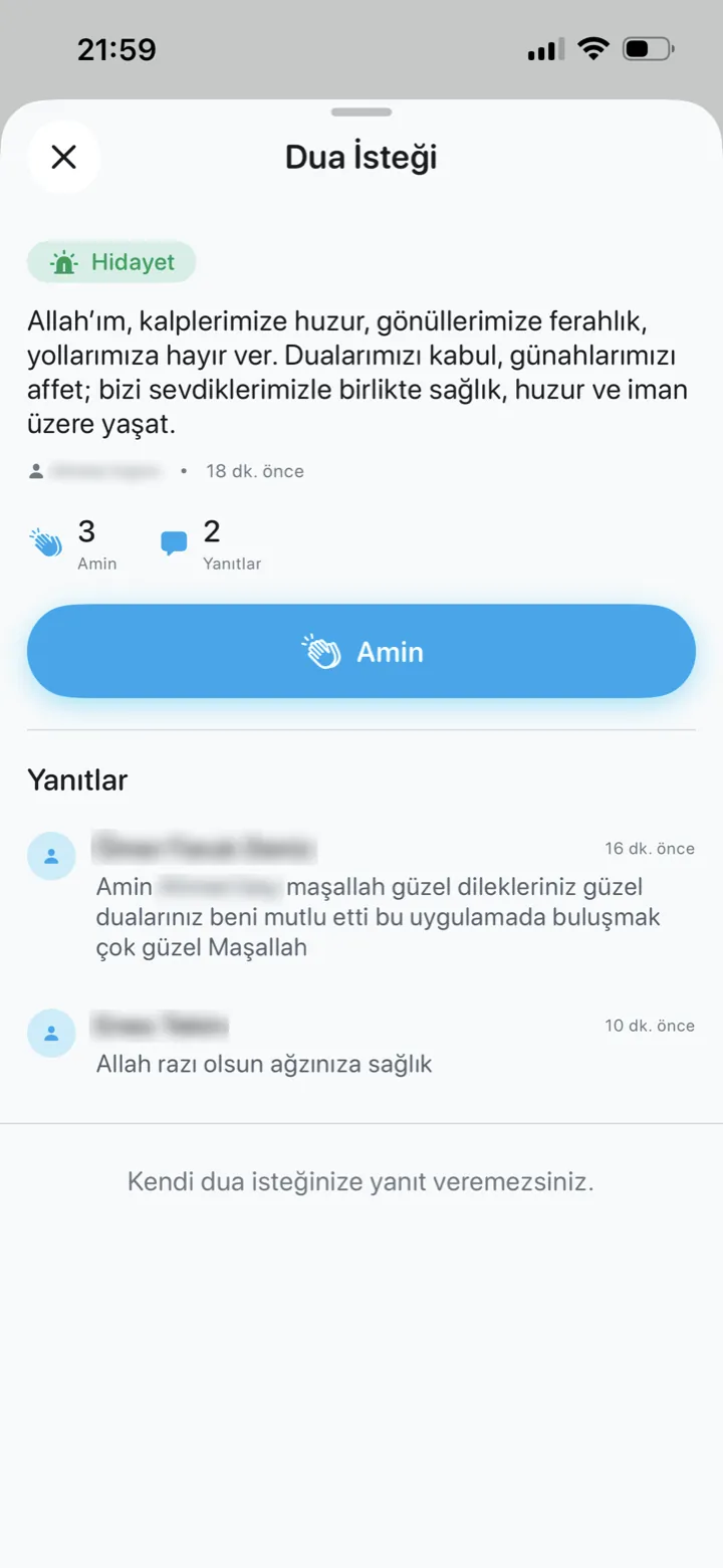 Dua isteği detayı: “Âmin” düğmesi, âmin ve yanıt sayıları ile diğer kullanıcıların dua yanıtları