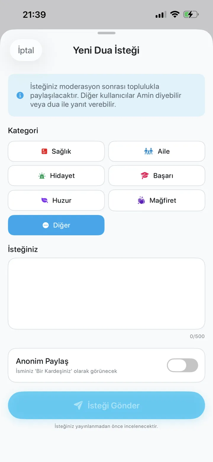 Yeni dua isteği ekranındaki “Anonim Paylaş” anahtarı — açıldığında isim listede “Bir Kardeşiniz” olarak görünür
