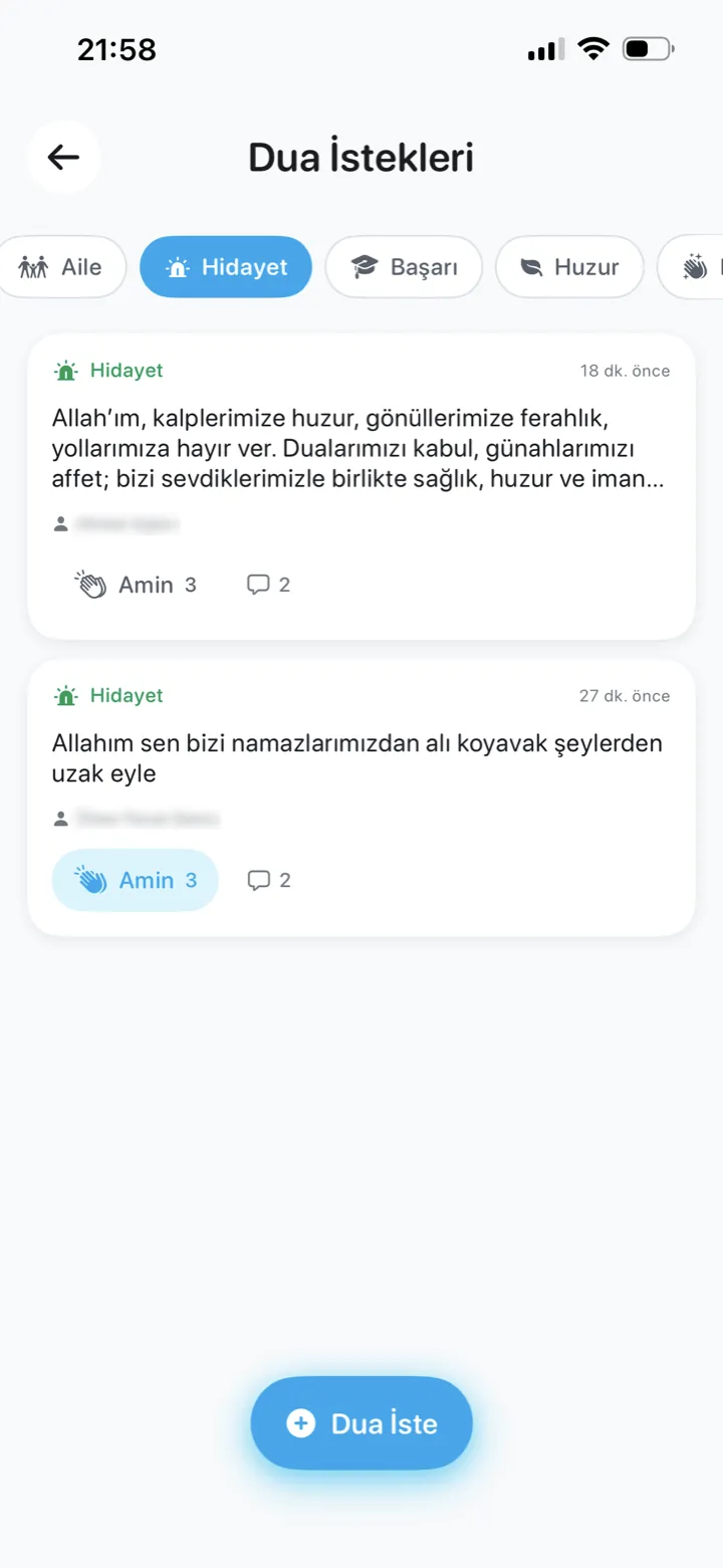 Kategoriye göre süzülmüş dua istekleri listesi — listede yalnızca incelemeden geçmiş istekler görünür