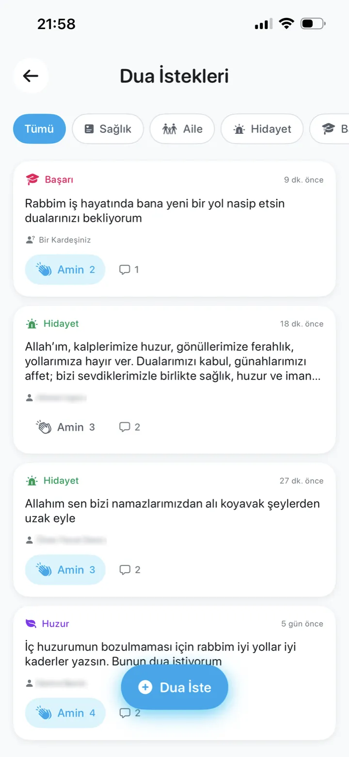 Minara Dua İstekleri listesi: kategori rozetli istek kartları, âmin ve yanıt sayıları, “Dua İste” düğmesi