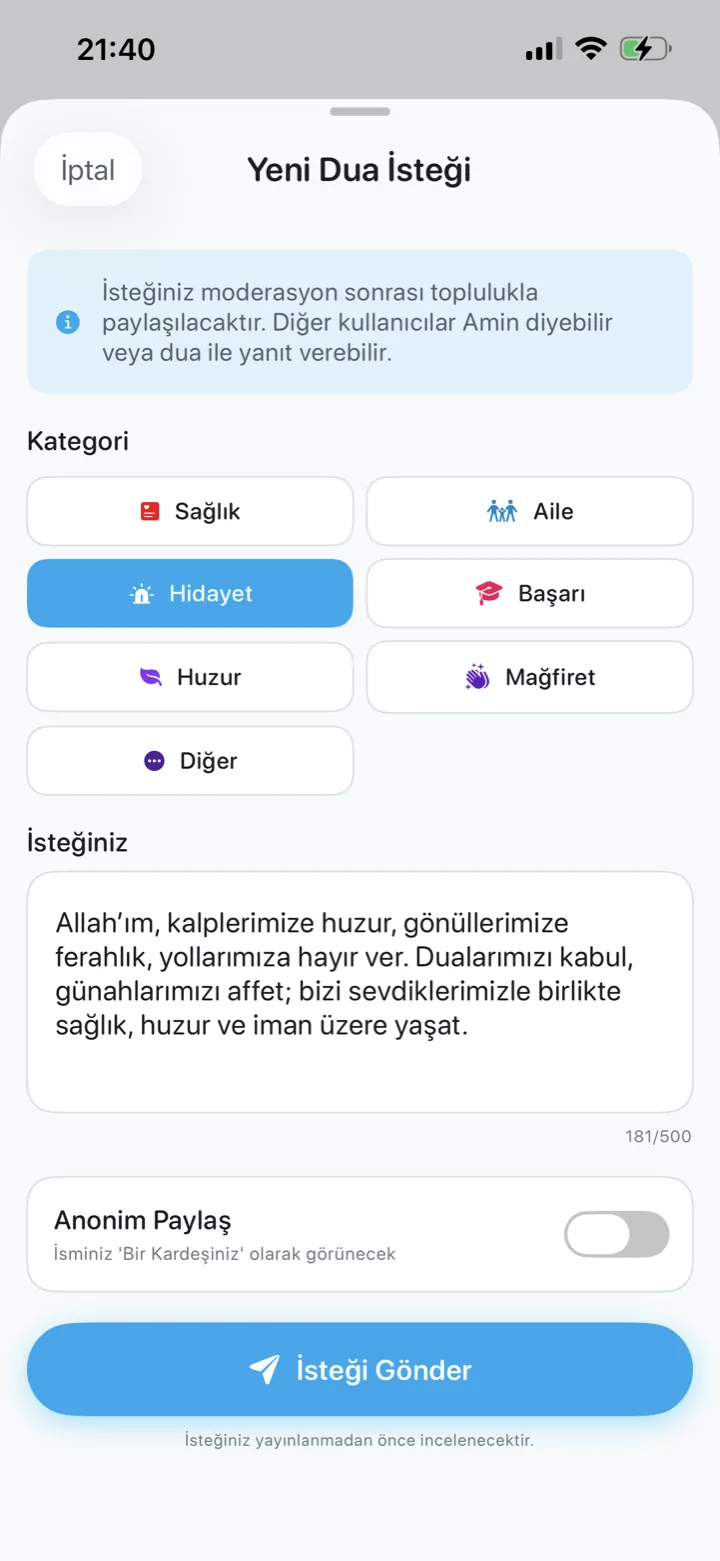 Yeni dua isteği ekranı: yedi kategoriden biri seçili, 500 karakterlik istek alanı doldurulmuş ve gönder düğmesi etkin