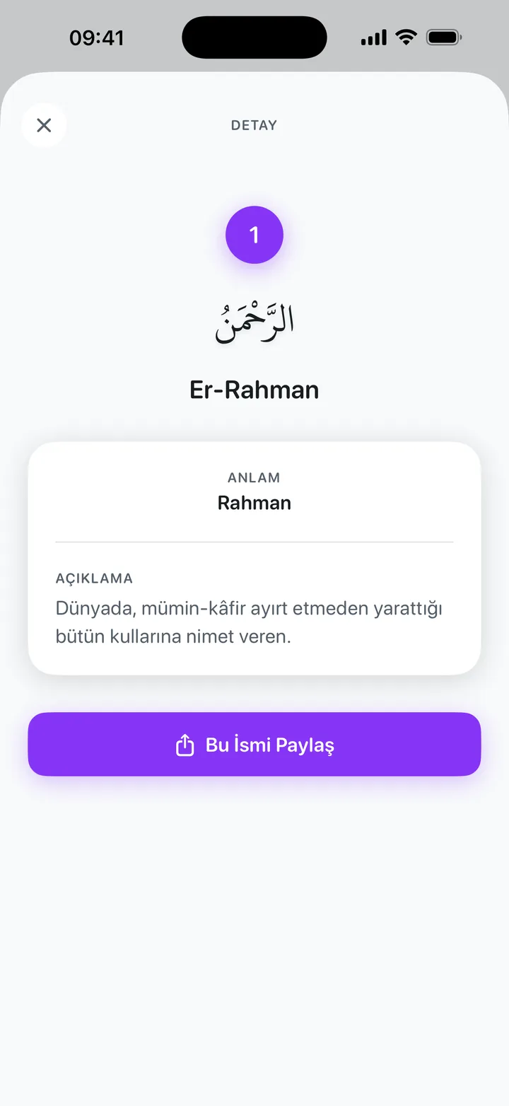 Esmaül Hüsna detay penceresi: 1 numaralı isim Er-Rahman, Arapça yazılışı, Anlam ve Açıklama bölümleri ile “Bu İsmi Paylaş” düğmesi