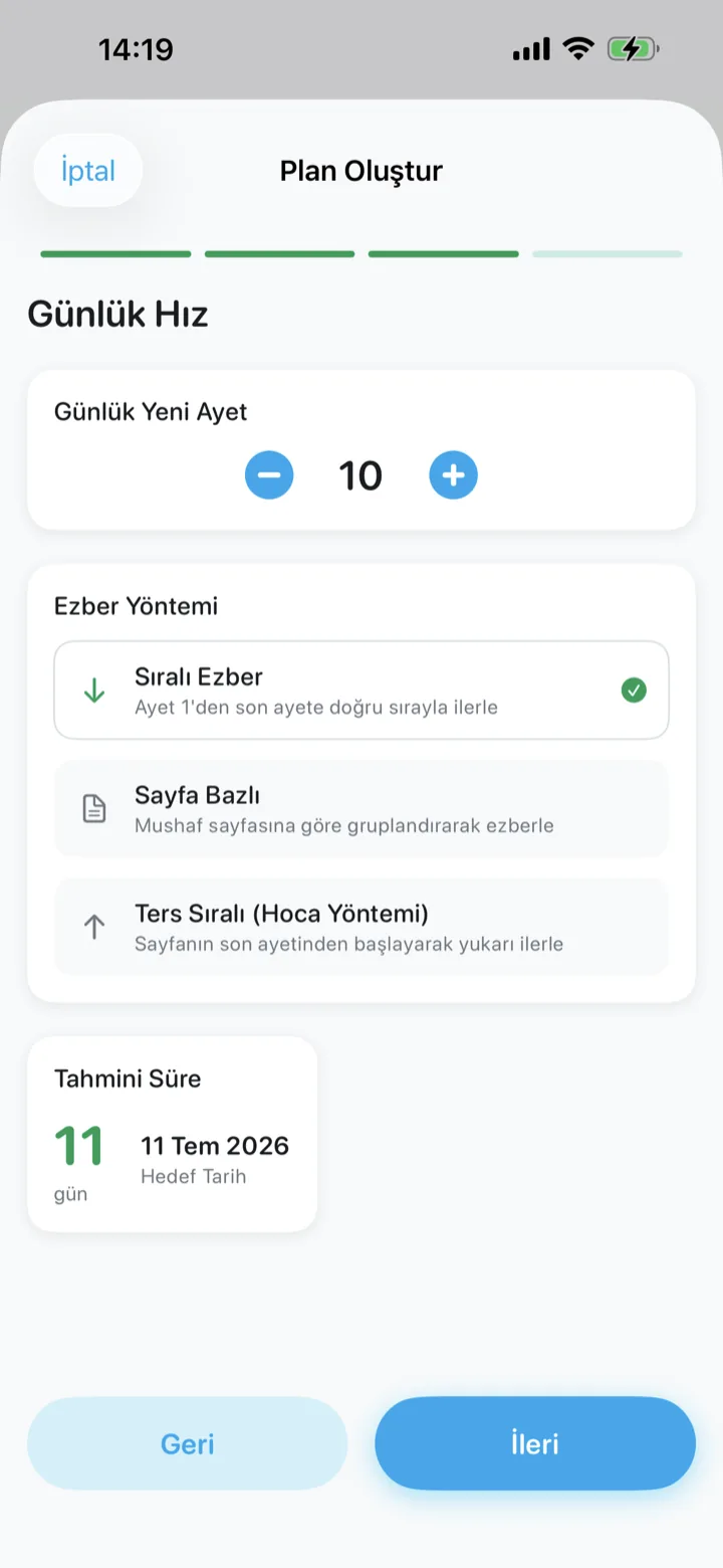 Minara hafızlık ana ekranı: aktif planlar, seçili sureler ilerlemesi, Yeni Ders ve Kendini Test Et, yapay zekâ Kur'an-okuma analizi ve Detaylı İlerleme