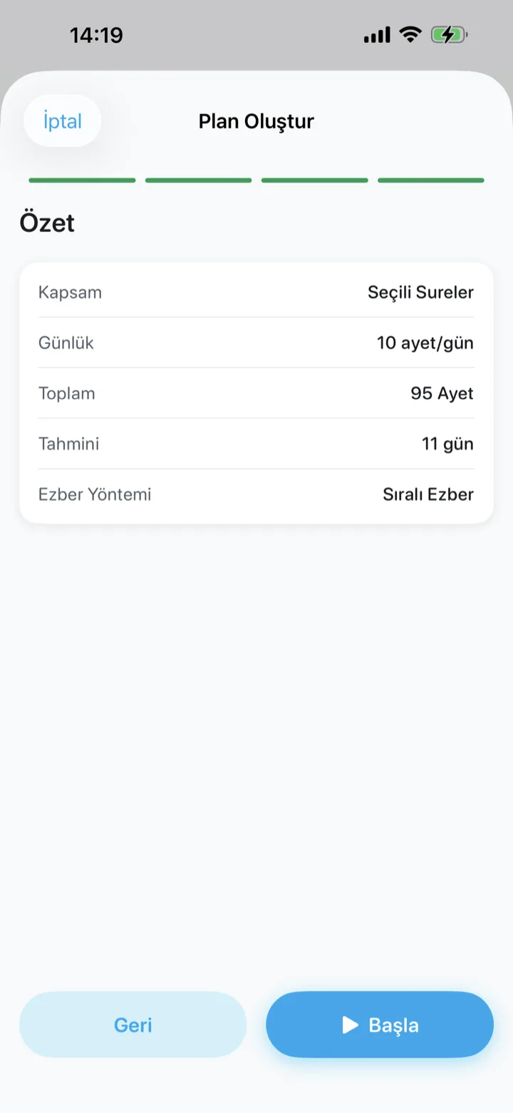 Plan özeti: kapsam, günlük tempo, toplam ayet, tahmini tamamlanma ve seçilen ezber yöntemi tek bakışta