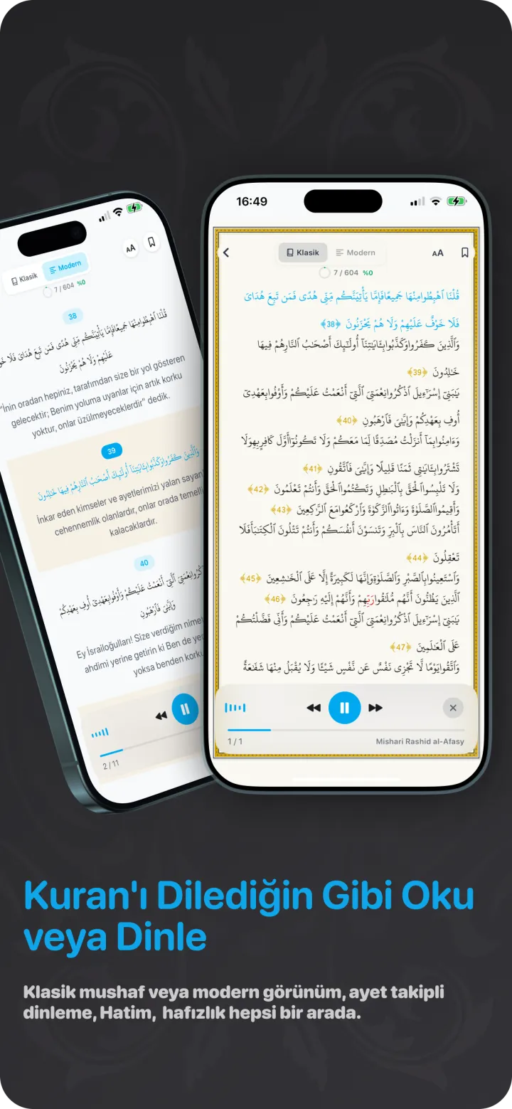 Kuran'ı dilediğin gibi oku veya dinle — klasik mushaf, modern görünüm, ayet takipli dinleme ve hafızlık