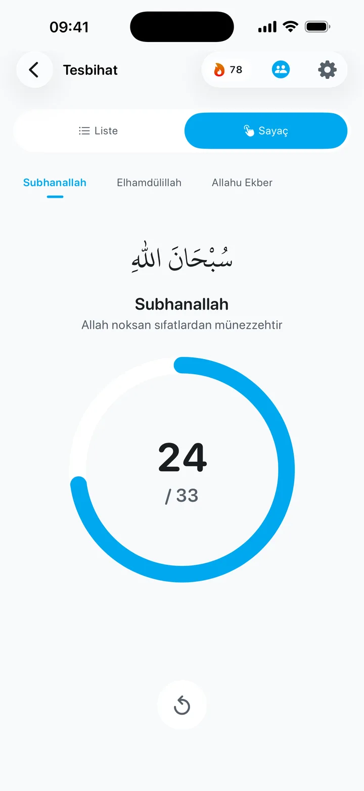 Minara Tesbihat ekranı, Sayaç görünümü: Subhanallah sekmesi seçili, Arapça lafız ve anlamı, ilerleme halkasında 24 / 33