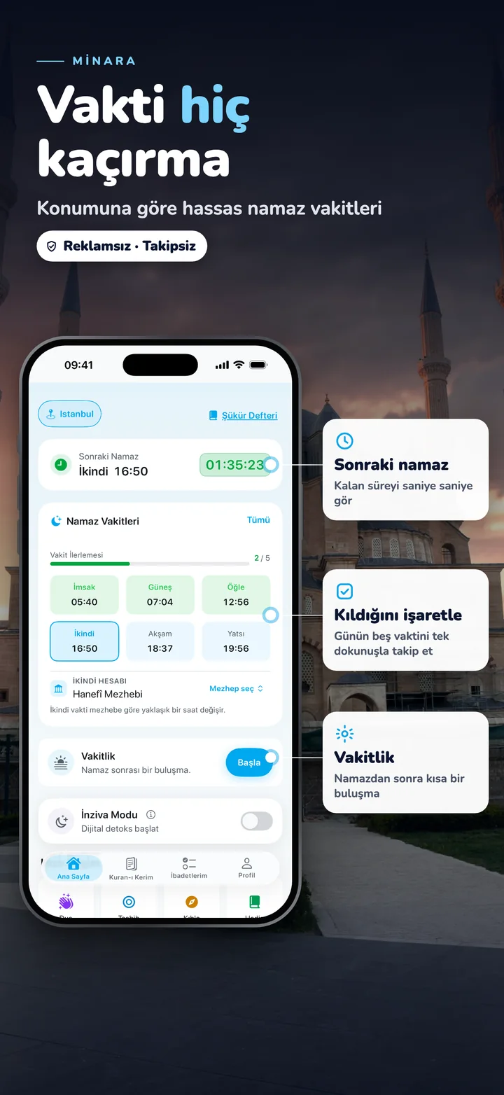 Vakti hiç kaçırma — konumuna göre hassas namaz vakitleri, kalan süre ve tek dokunuşla namaz takibi