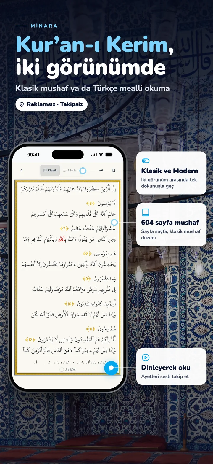 Kur’an-ı Kerim iki görünümde — klasik mushaf ya da Türkçe mealli okuma, dinleyerek takip