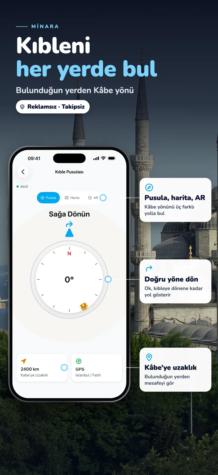 Kıble pusulası — pusula, harita ve AR ile bulunduğun yerden Kâbe yönü