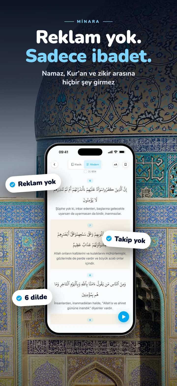 Reklam yok, takip yok — namaz, Kur’an ve zikir arasına hiçbir şey girmez, 6 dilde