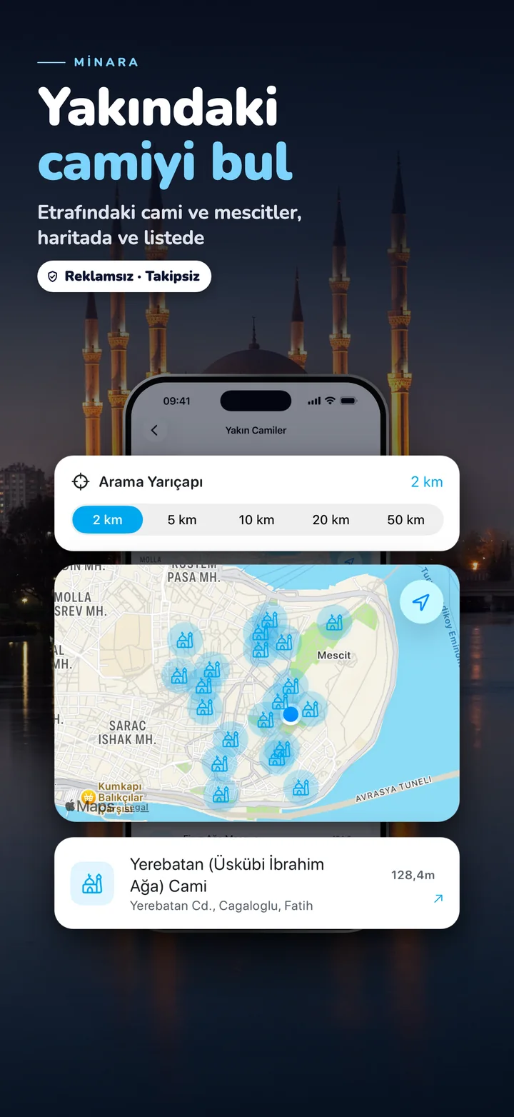 Yakındaki camiler — arama yarıçapı, harita ve mesafeyle liste